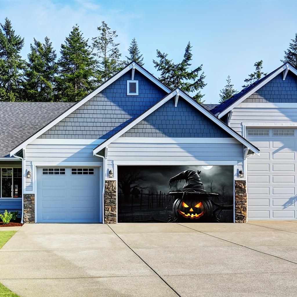 2D multi-purpose Halloween garage door flags, made of polyester, featuring ghost pumpkins and wizard hats design