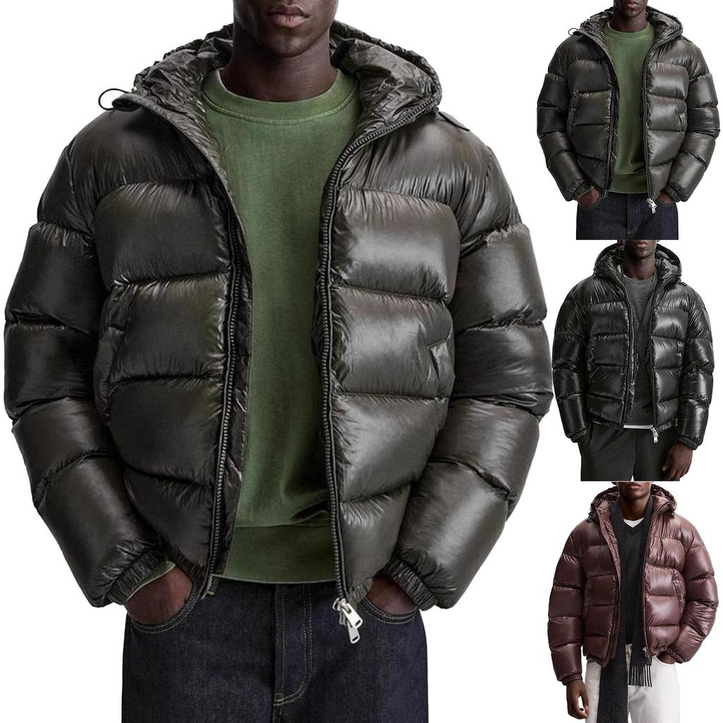 Giacca casual da uomo a maniche lunghe con cappuccio imbottita in cotone a tinta unita, Cappotto da uomo caldo e spesso con tasche larghe