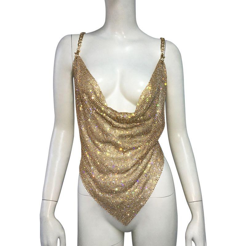 Sexy Irregular Vest Spring Women's Metal Rhinestone Tops Sexy Asymmetrical Vest Chain Sling