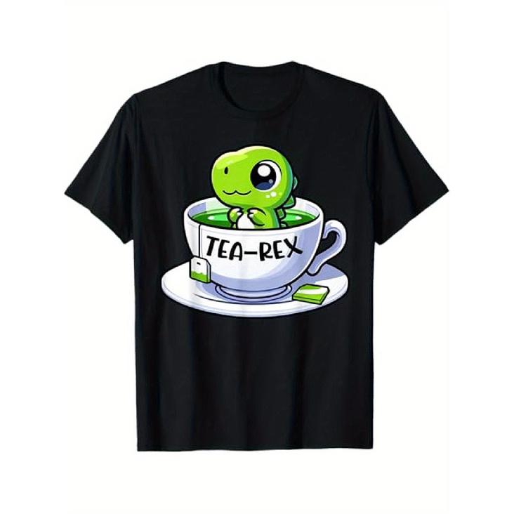 Men'S Black T-Shirt with Cute Green Dinosaur In Teacup Design - "TEA-REX" Playful Puns, Casual Round Neck Tee for Halloween, Thanksgiving, Christmas