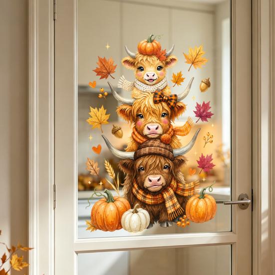 Cute Animal Window Decals Highland Cow Clings, Autumn Pumpkin Maple Leaves Static Seasonal Art Supplies Stickers, Waterproof PVC for Thanksgiving