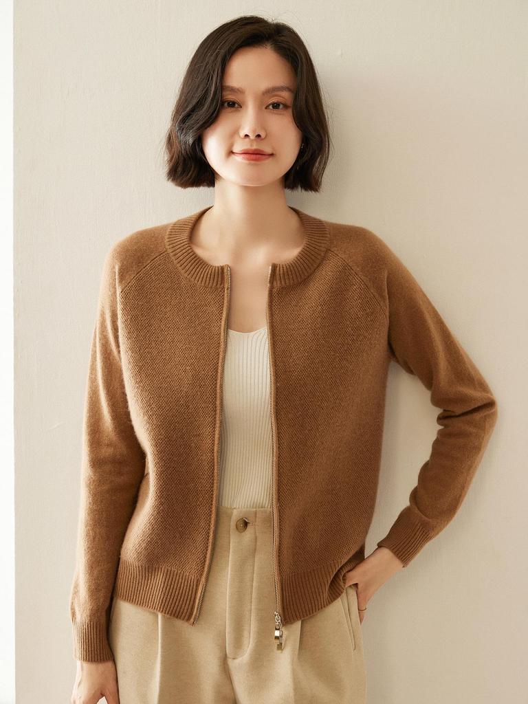Women's Cashmere Zip Cardigan: Autumn/Winter 2025, Solid Color, Korean Style, Loose Fit, Slimming Round Neck