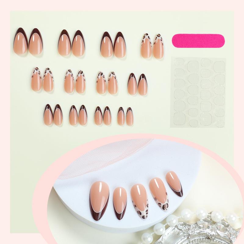 Leopard Print French Tip Almond-Shaped Wearable Nail Art Tips