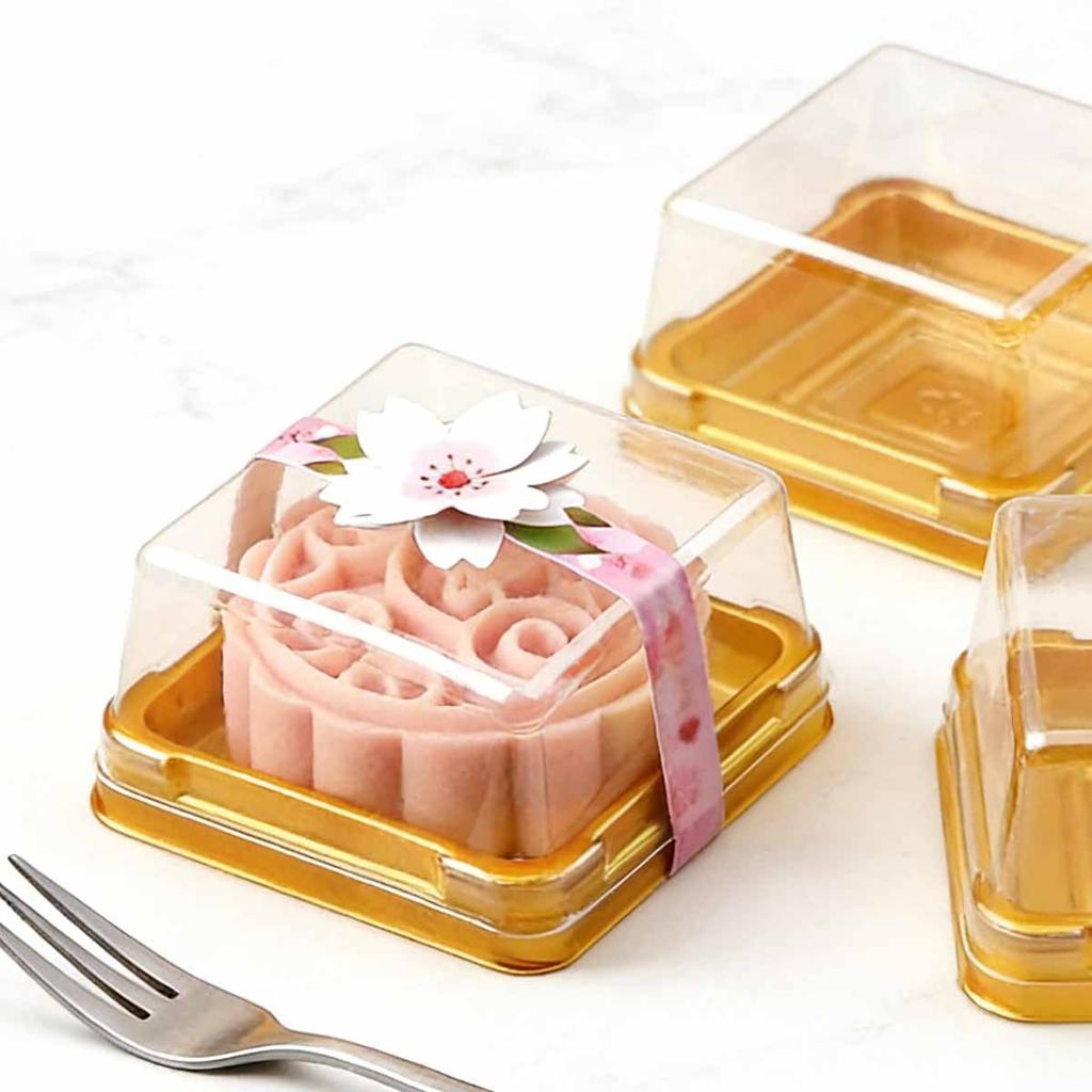 50 Stück - Quadratische Mondkuchenbox mit Deckel, Transparente Vakuumtiefgezogene Box für Eigelbkuchen, Goldene Kunststoff-Pastetenbasis