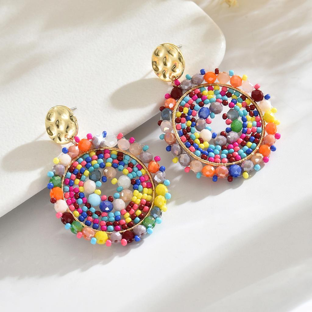 Bohemian Bunte Runde Kristallperlen Ohrhänger für Damen Handgefertigte Geometrische Ohrringe Sommer Party Schmuck Geschenk