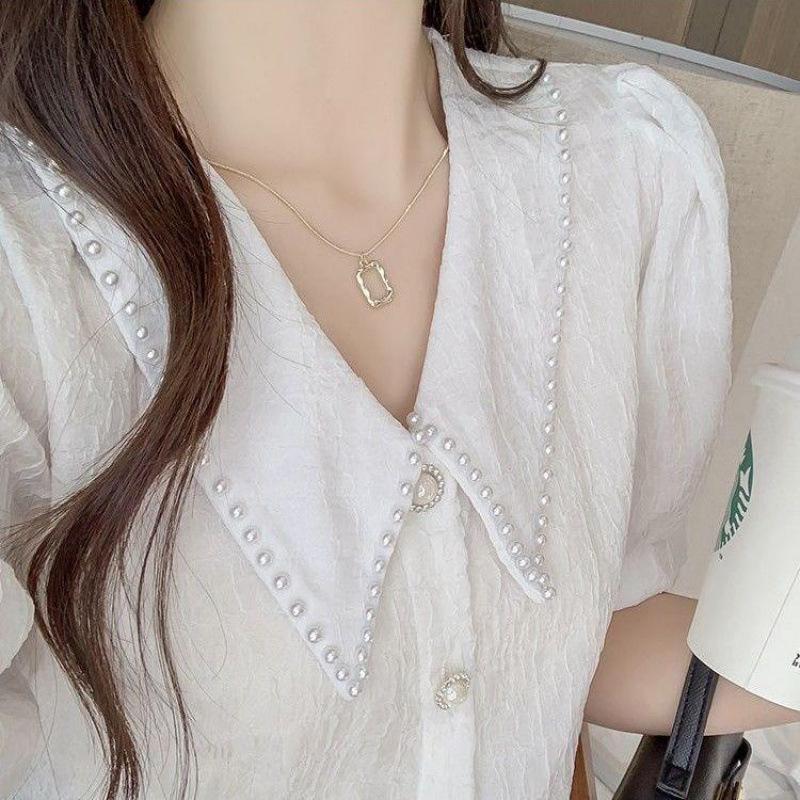 Women's Peter Pan Collar Short Sleeve Blouse Regular Fit Sweet French Vintage Shirt Summer Puff Sleeve Textured Short Top