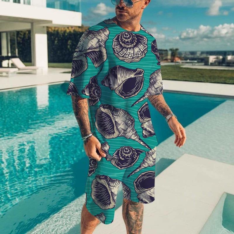 Men's Hawaiian Full Print Suit Casual T-shirt Beach Pants Suit