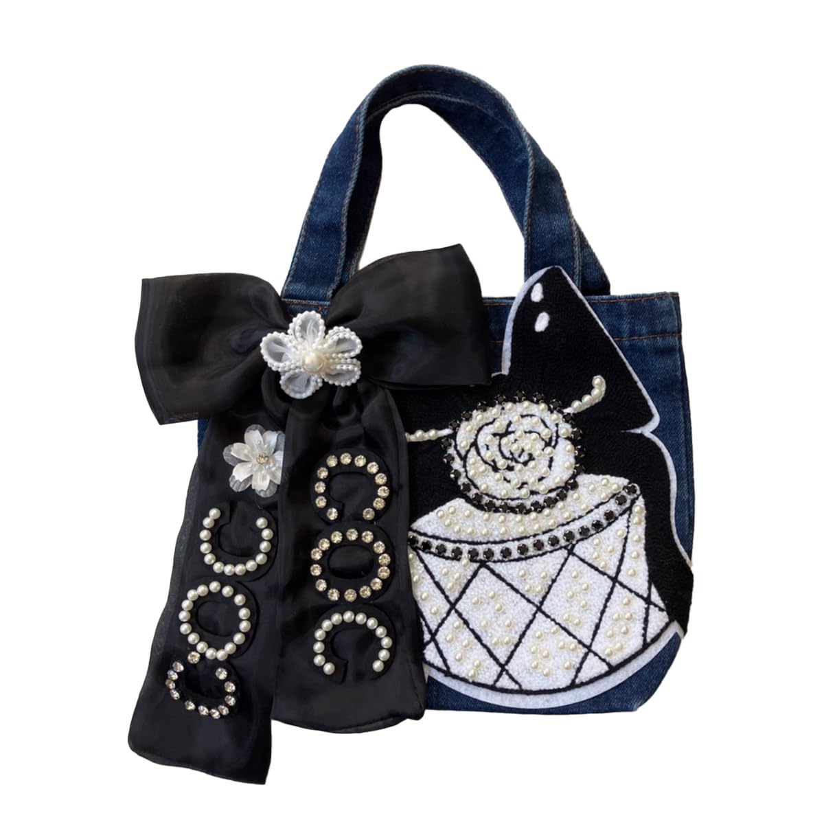 

Tote Bag Mini Denim Bag Patch Handbag Small Lightweight Lunch Bag Patch Denim Bag Ribbon Indigo [DIVA Rose] Women s (Perfume & Ribbon Blue)