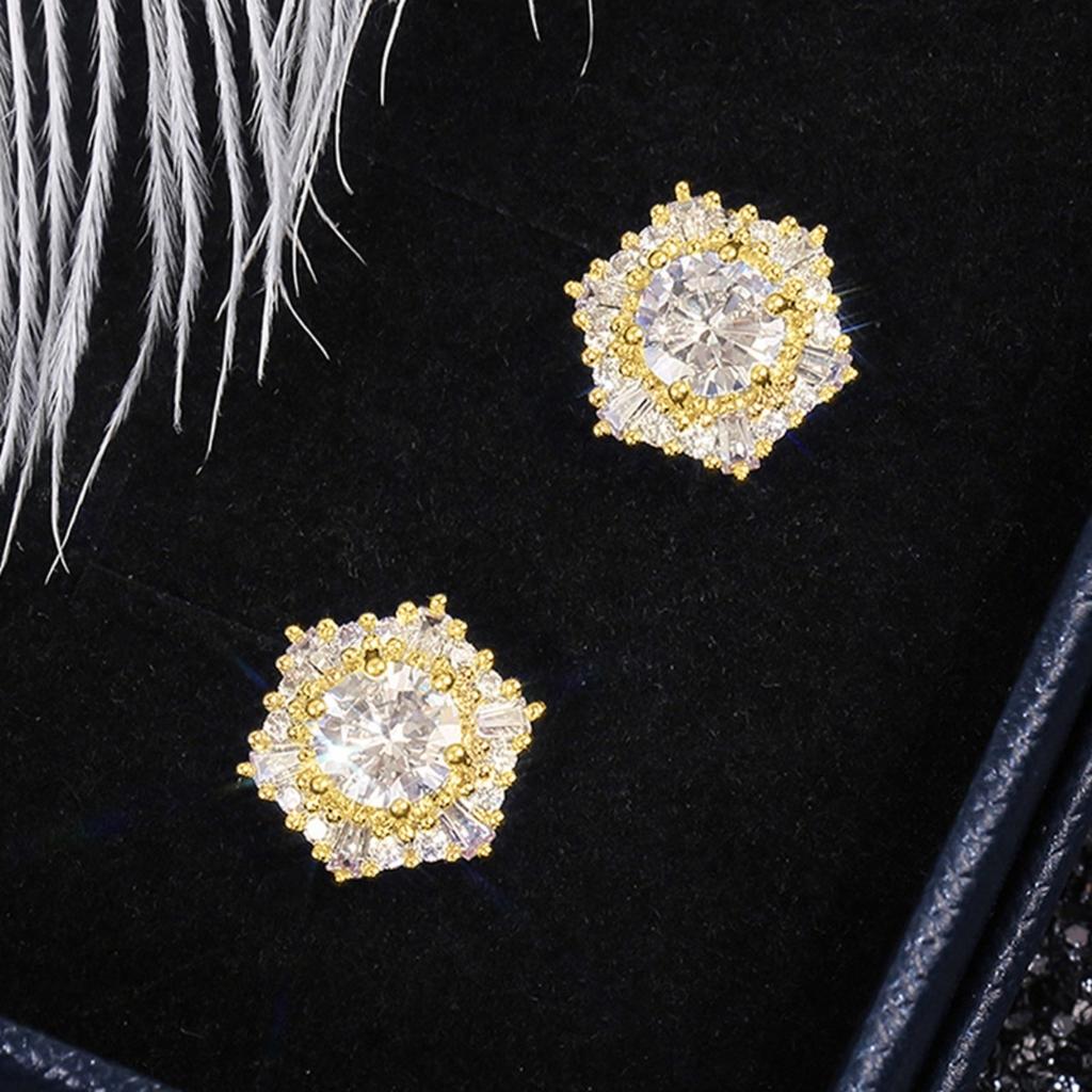 Round Center Stone Mixed Cut Double Halo Flower Stud Earrings Elegant Women Daily Party Jewelry