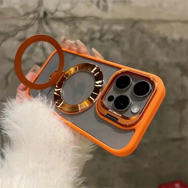 Luxury Ring Magnetic Glass Lens Stand Phone Case for iPhone 17 16 11 13 14 12 15 Pro Max Funda Magsafe Clear Protect Cover