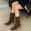 Mi Ting Mid Boots Retro Suede Wrinkled Thin Stacking Boots Women's Autumn and Winter Pointed High Heel Thin Boots Simple Short Boots