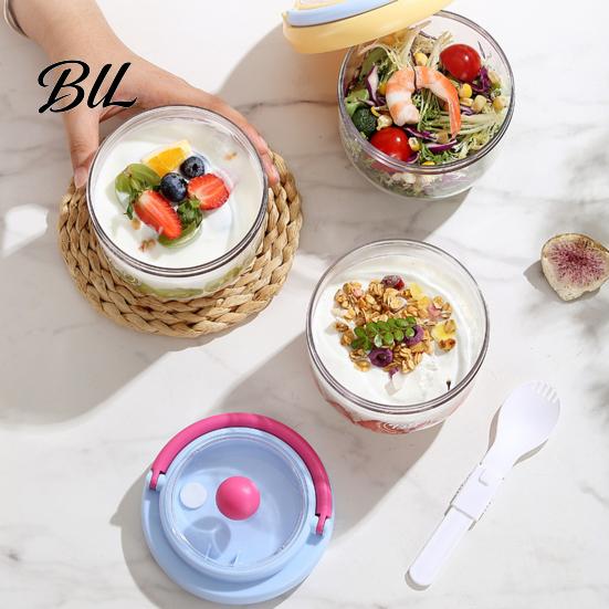 Leak-proof Salad Bowl Portable with Built-In Fork & Lid 600ml Double-Layer Plastic Jar Odorless Fruit for Overnight Oats Meal Prep Snack Container Gym