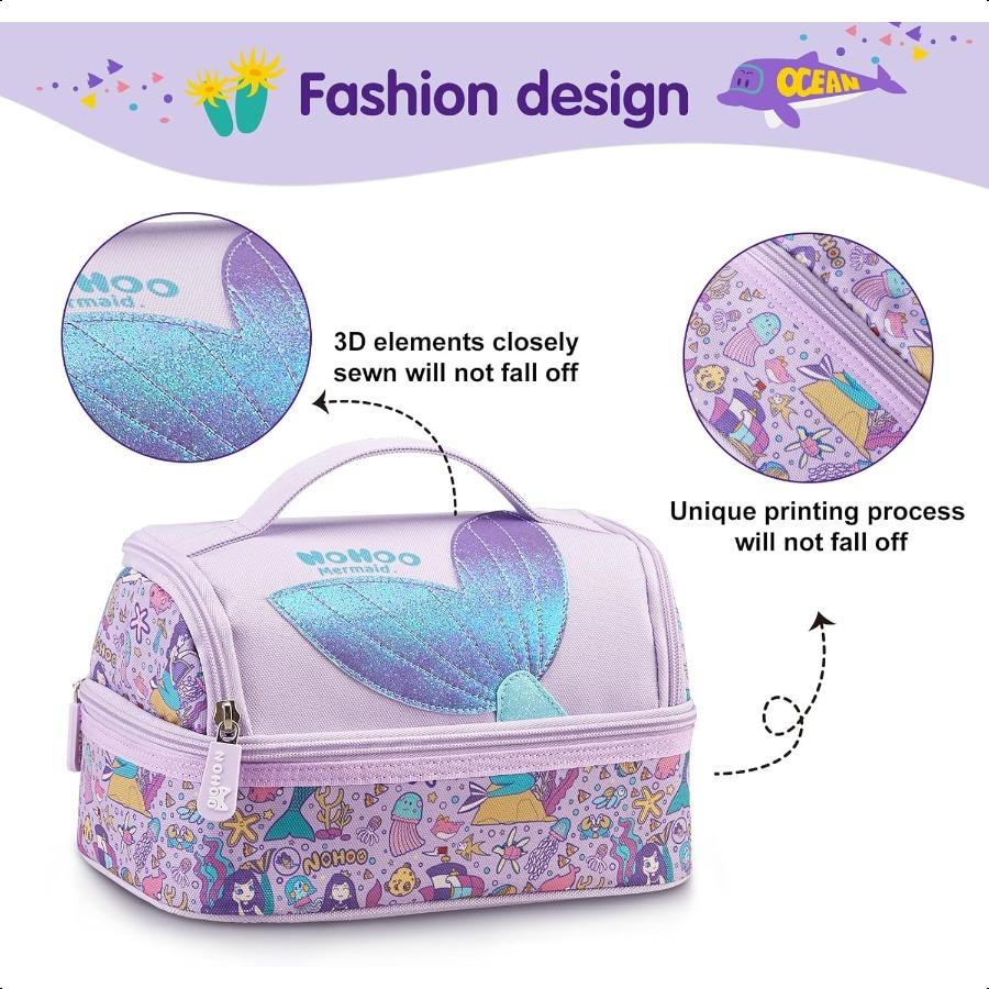 NOHOO Insulated Lunch Bag Small Cute Reusable Purple Mermaid Princ Food Box Bag for Girls Toddler Preppy School Kindergarten Da