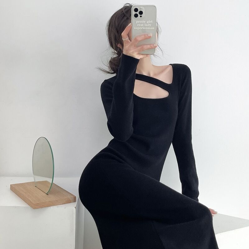 

Осенняя новая женская одежда высококлассная облегающая юбка ретро черное вязаное платье XL чёрный