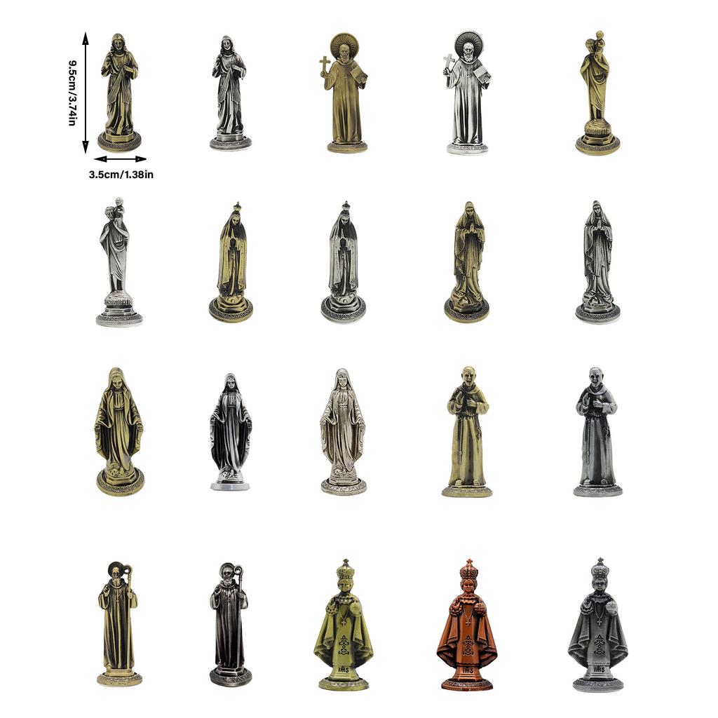 Starožitný styl Kovová soška Marie stojící Miniaturní Křesťanská ozdoba Náboženská figurka Socha Stolní dekorace