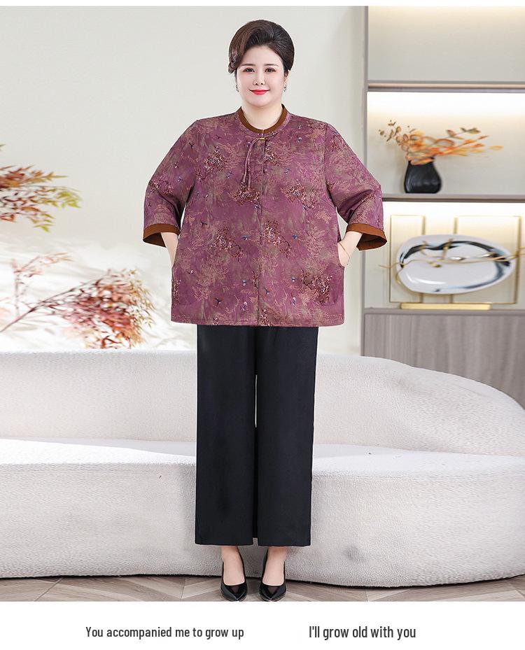 Stylish Plus Size Mid-Sleeve Shirt for Elderly Women: Spring/Summer Tang Suit Top for 70-Year-Olds