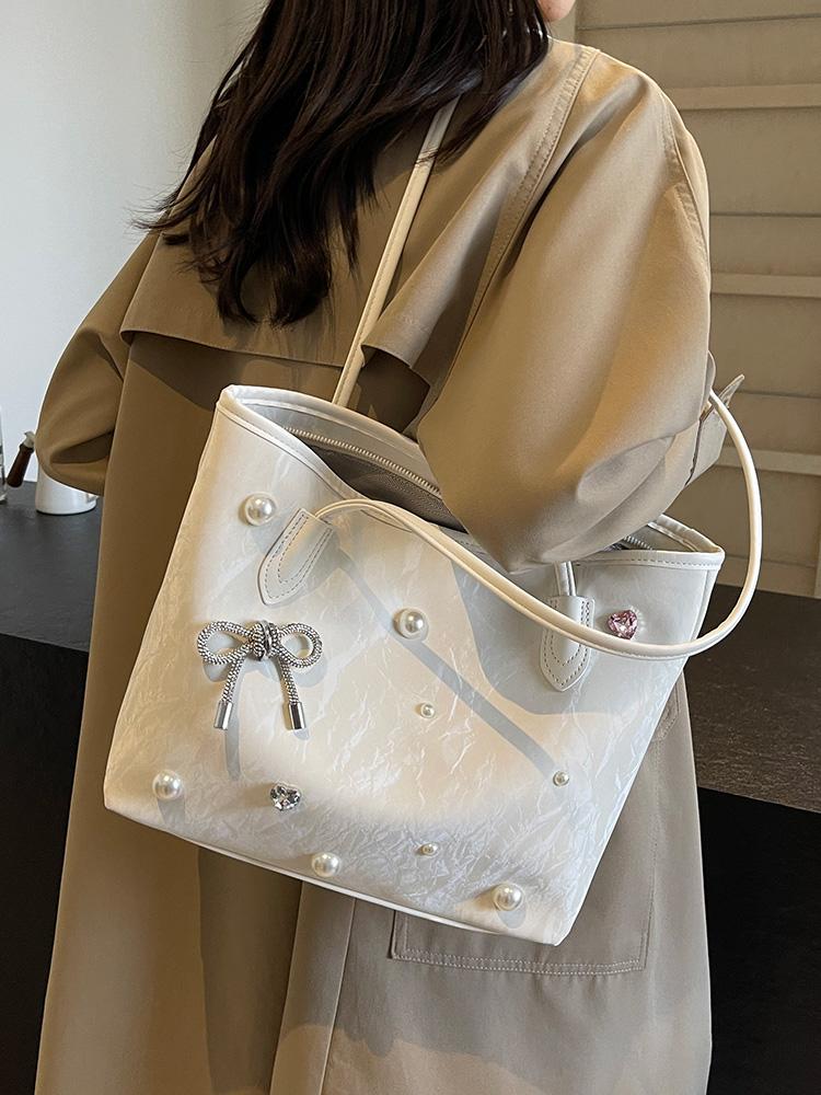 Pu Leather Large Capacity Women's Handbags Sweet Bow Pearl Decorati Ladies Shoulder Bag Portable Solid Color Female Tote Bag
