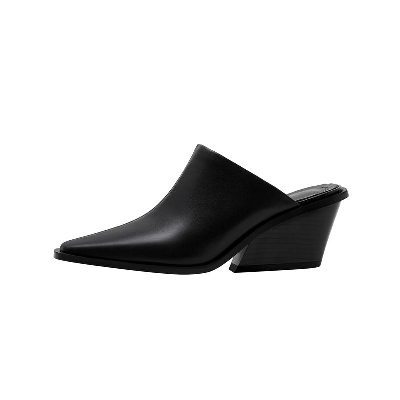Kaky's New Cow Pasted Leather Pointed Wedge Heels High Heels Women's Shoes Large Slippers Wrapped Half Slippers Sheepskin Footpa