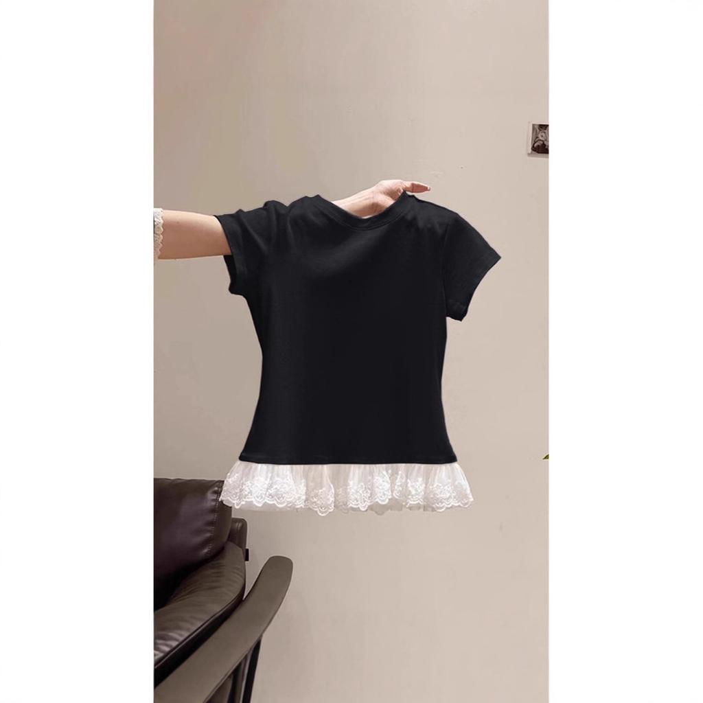 Sweet wind white lace splicing round neck short-sleeved T-shirt women's summer new Korean version slim-fitting versatile and thin top
