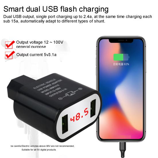Electric Vehicle Digital Display Dual USB PC 12V-100V To 5V 3A Adapter Charger