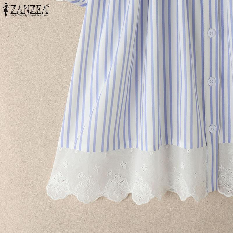 ZANZEA Women Casual Turn Down Collar Short Sleeve Lace Splice Stripe Blouse