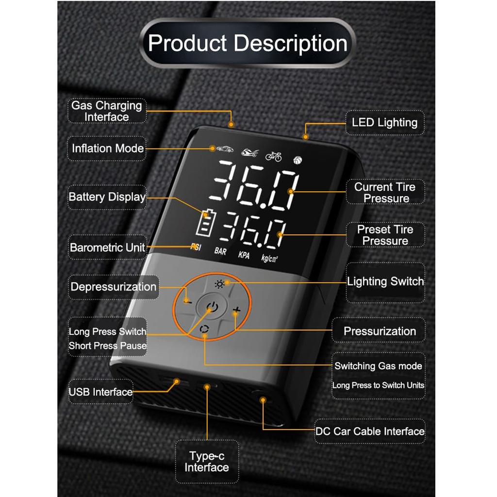 Tire Inflator Portable Compressor Cordless Bike With Digital Values Display, 150 PSI Car Tires With LED Lights For Cars, Motorcycles