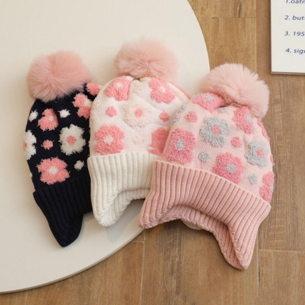 Winter Flower Ear Protector Hat Kids Warm Pompom Knitted Hats Toddler Bonnet  Children's Outdoor