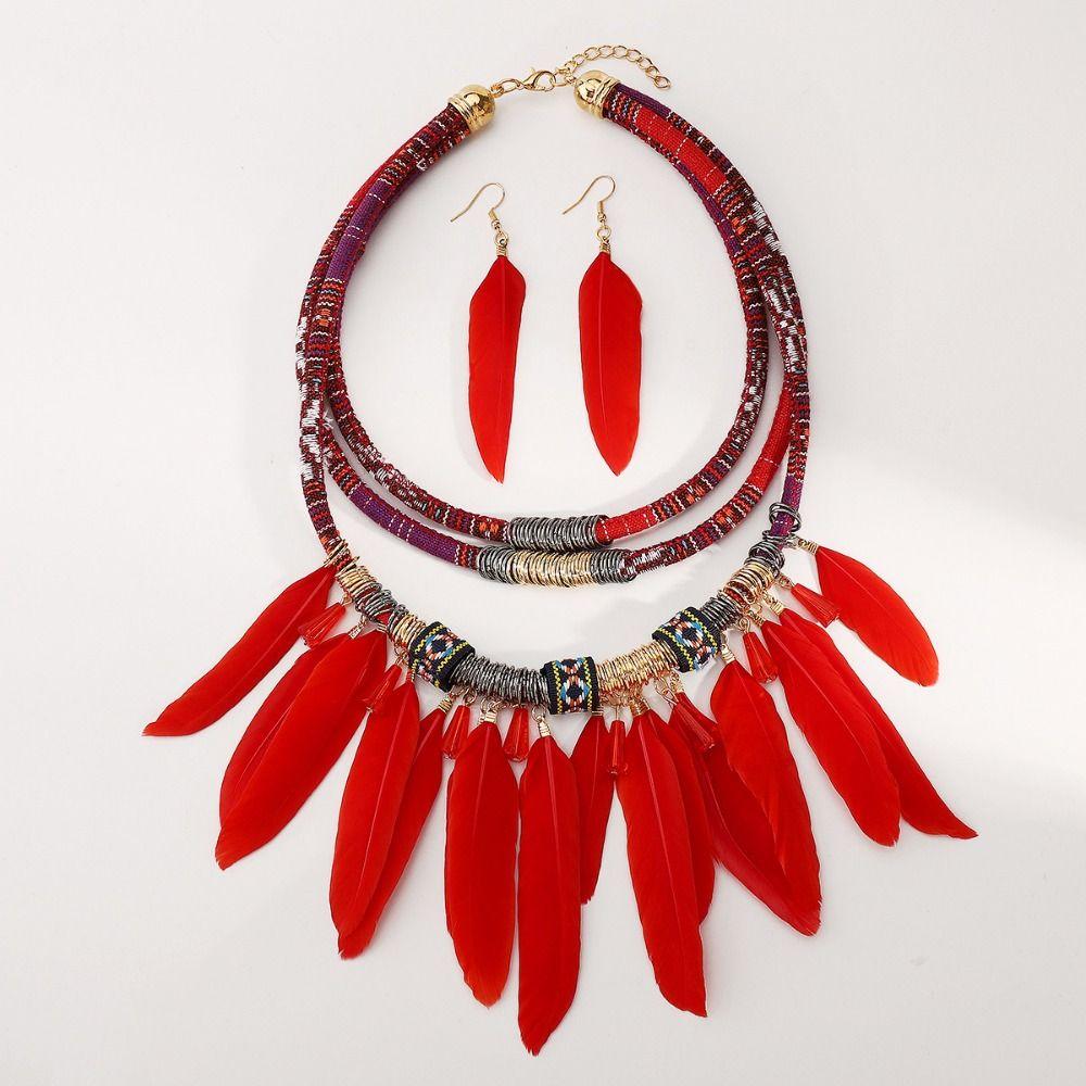 Fashion Bohemian Necklace Vintage Necklace Earrings Set Feather Tassel Necklace  Dating Accessories