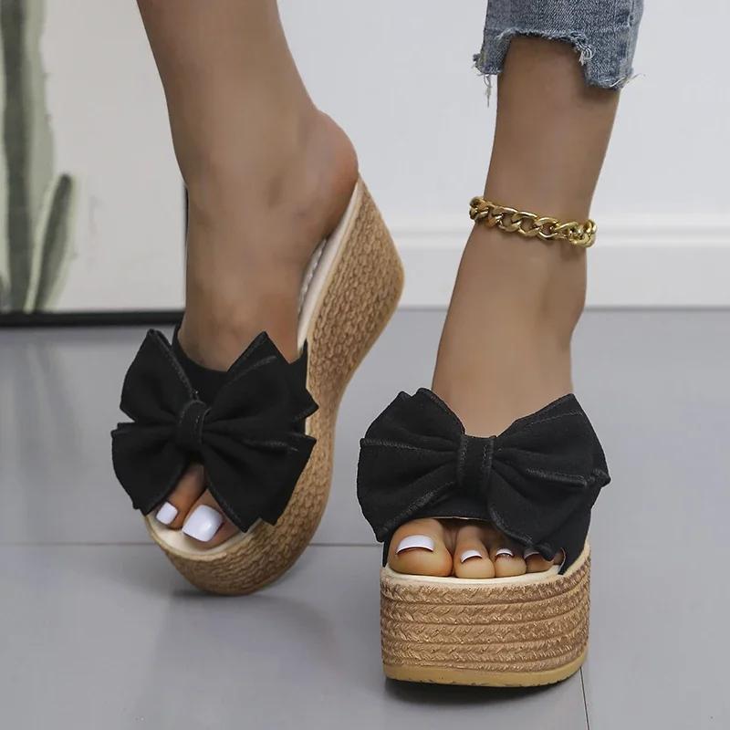 Fashion 2025 Women Slippers Fashion Pee Toe Summer Footwear Luxury Butterfly-knot High Heels Slides Platform Wedges Ladies Shoes Round