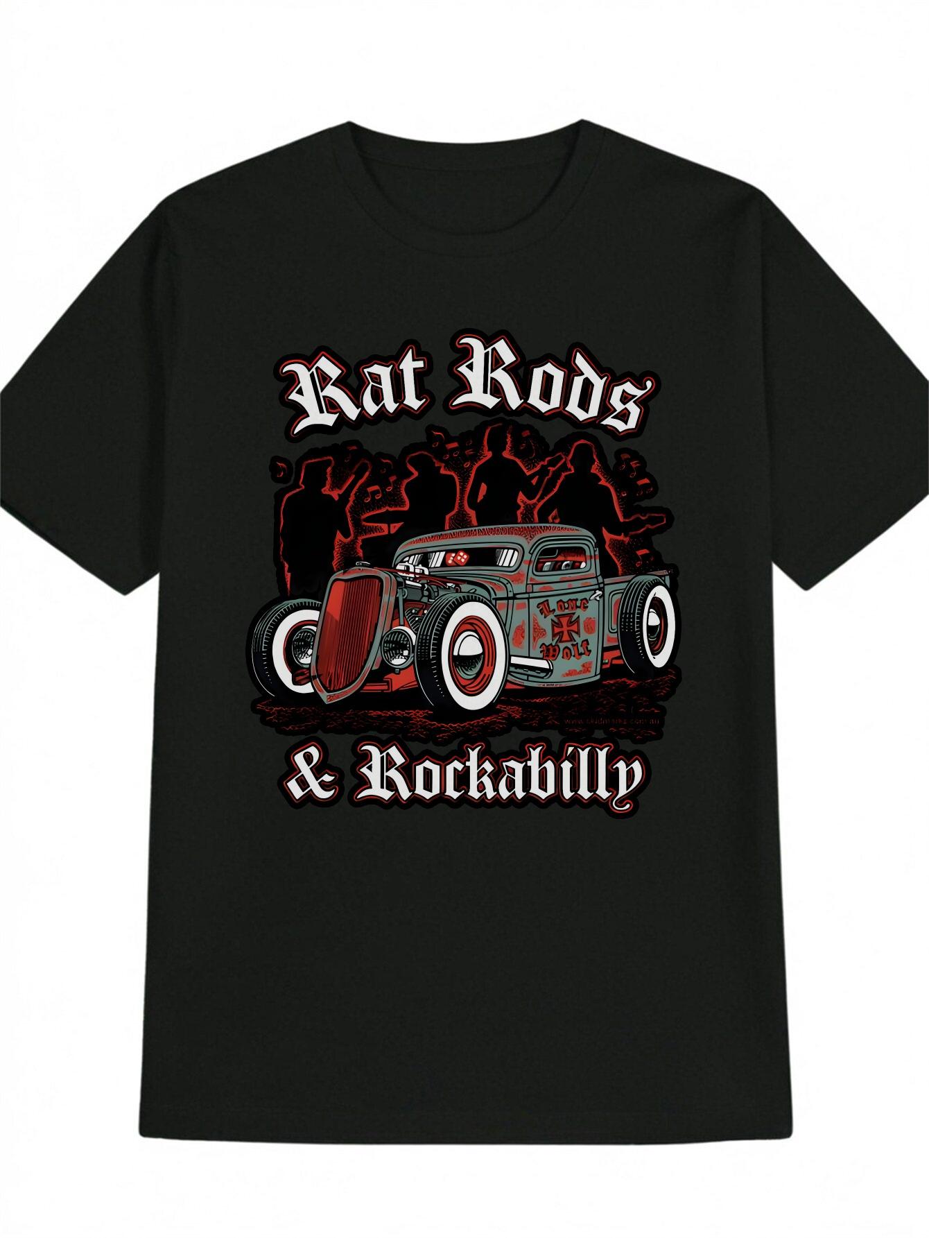 Vintage Car Graphic T-shirt - Red & White Graphic Tee with KAT KODS & ROCKABILLY Print XL