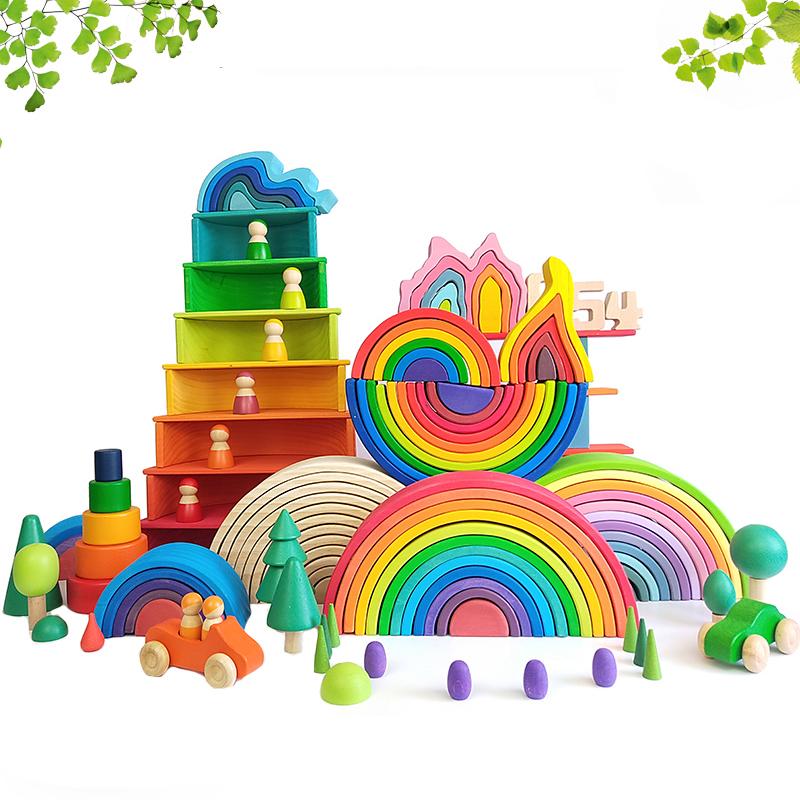 DIY Children's Wooden Toy Creative Stacked Rainbow Building Blocks Large Size Montessori Educational Toys for Children Kids