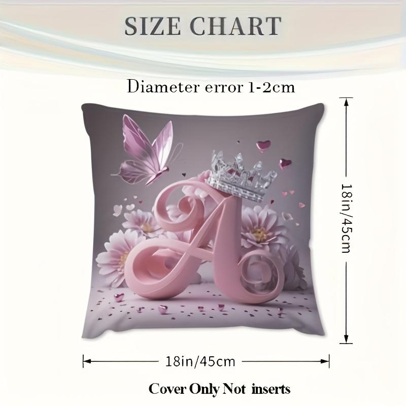 1Pc Pink Floral Crown Butterfly Pillow Cover, Polyester 2D Double Sided Print Cushion Case, Initial Letter A Throw Pillowcase, C