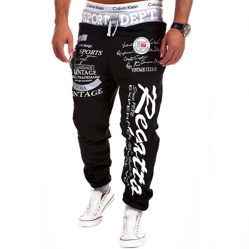 Men's Hip Hop Drawstring Elastic Waist Pants with Letter Print 
