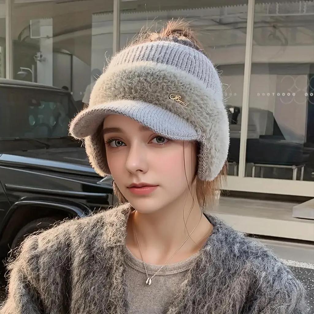 Ponytail Knitted Baseball Cap Warm Open-top Hat Women Autumn and Winter Thickened Cycling Cold-proof Ear-protecting Baseball Cap