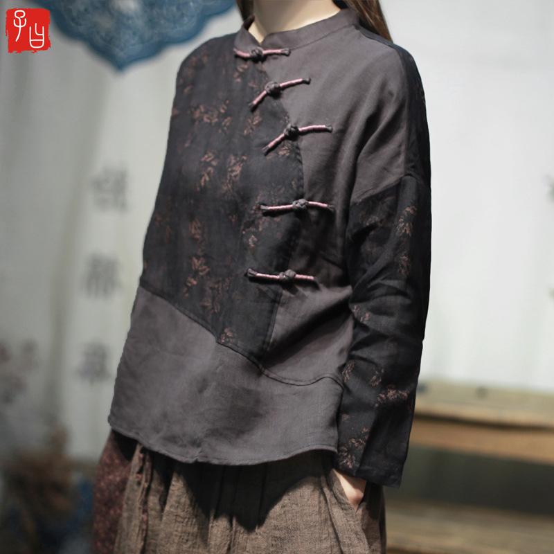 2025 Spring Color Block Linen Shirt: Elegant One-Shoulder Loose Long Sleeve with Half-High Collar