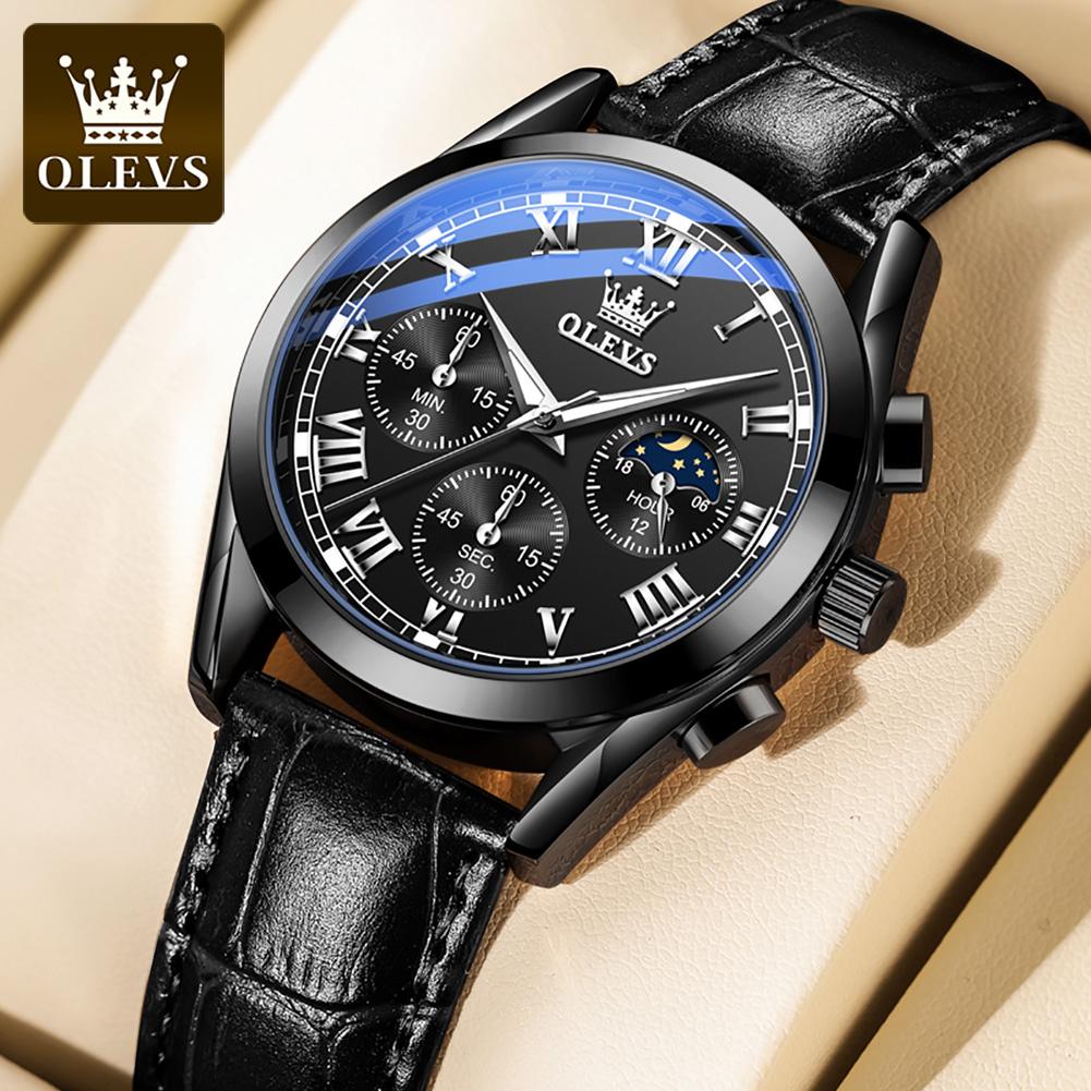 OLEVS Moon Phase Men's Watches Chronograph 30m Waterproof Luminous Brand Quartz Watch for Man Date Leather Strap Original Watch