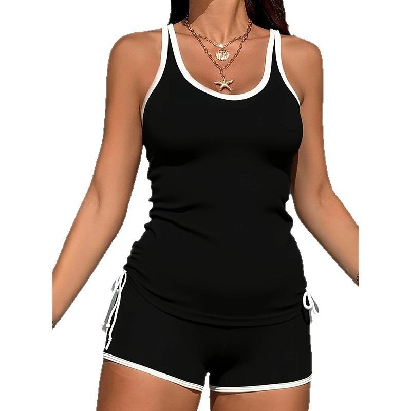 Раздельный купальник 2025 новый на бретельках, сочетание цветов, пляжное бикини, боксеры, купальник для горячих источников для женщин S чёрный