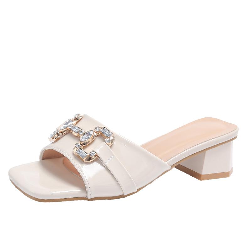 

Fashion Women Chunky Heels Slippers Fashion Rhinestone Metal Buckle Peep Toe Mules Slides Shoes Girls Summer Casual Elegant Paty Sandals 35