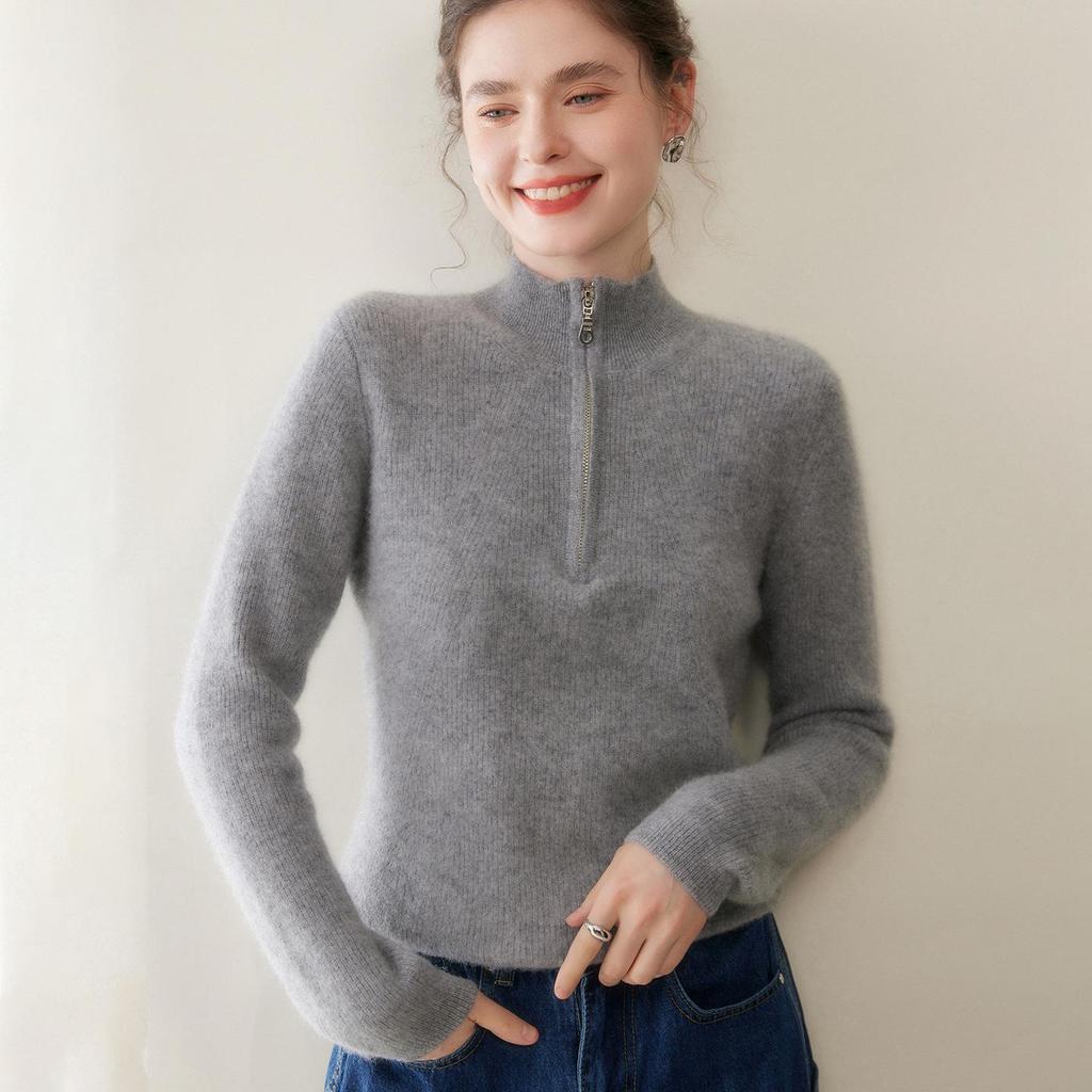 2025 Autumn/Winter Women's Thickened Cashmere Half-Zip Sweater - Loose Fit & Slimming Solid Color Pullover