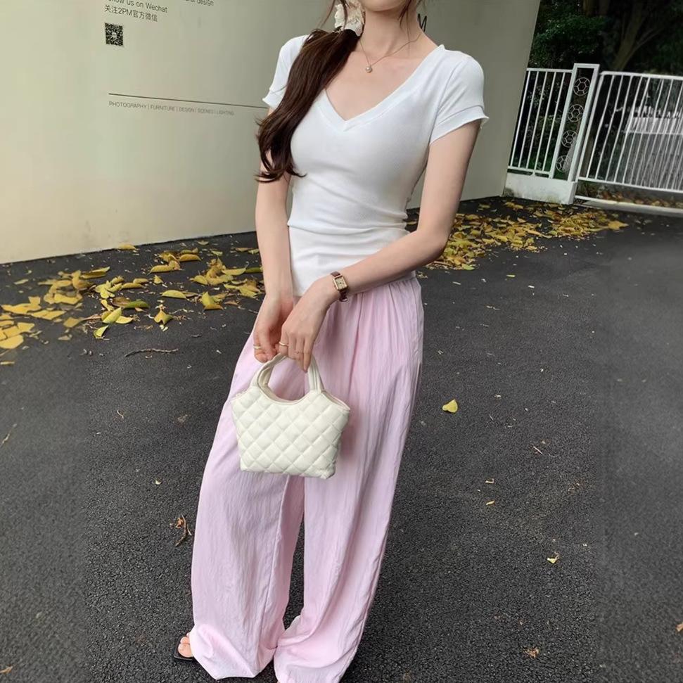 Women's slim-fitting short-sleeved T-shirt women's summer new V-neck Korean style solid-color versatile bottoming shirt top