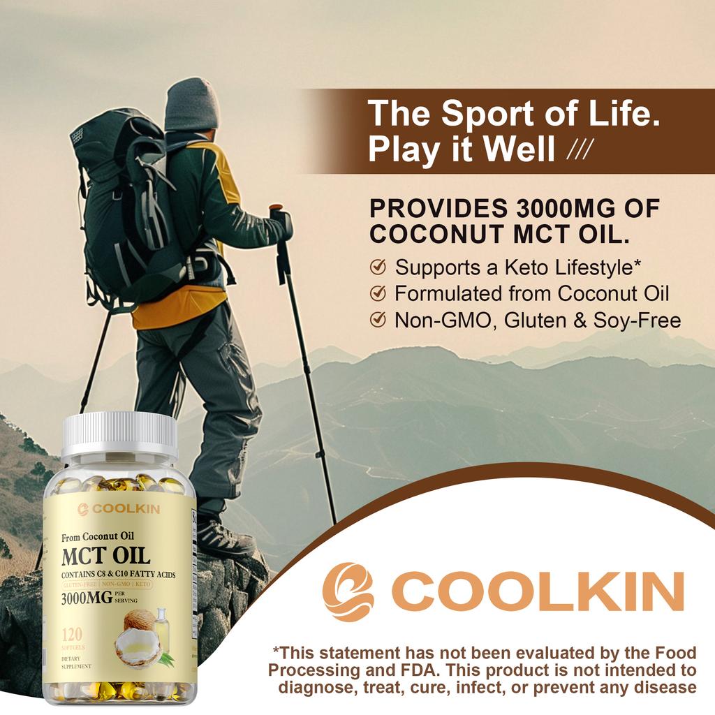 Coolkin Capsule di Olio MCT Puro, 3000 mg per porzione, carburante per il cervello, aumenta l'energia e aiuta nella gestione del peso.