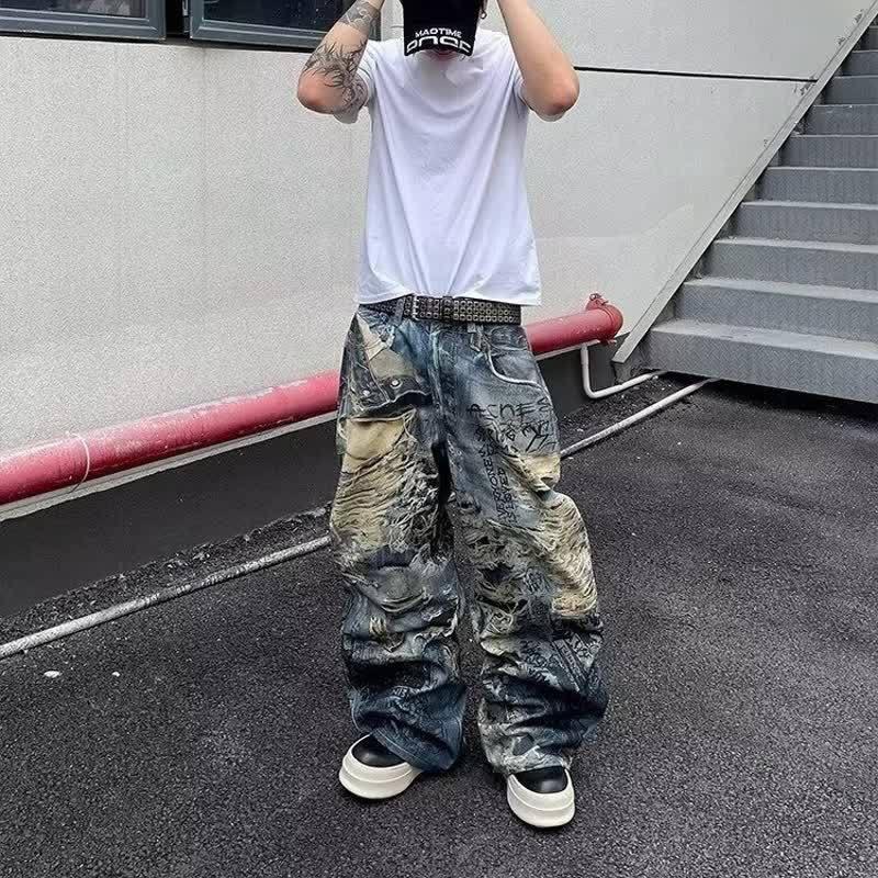 Unisex Distressed Ripped Denim Jeans With 3D Print Effect Loose Fit Casual Trousers Teens Adults