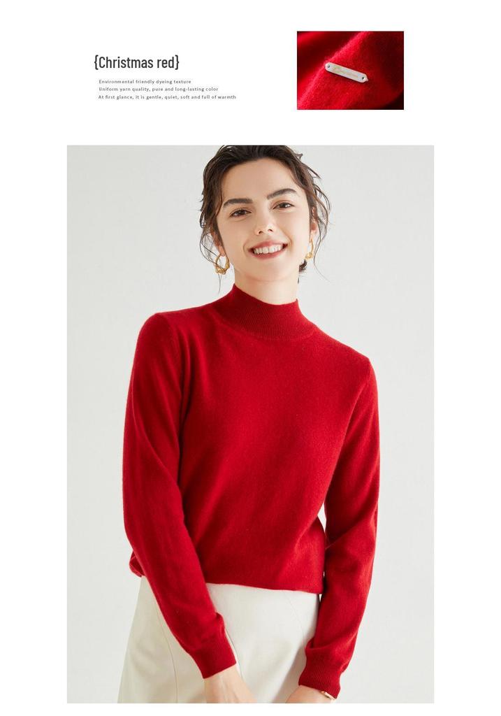 Women's 100% Pure Cashmere Sweater - Autumn/Winter Collection, Half-High Neck, Versatile Long Sleeve Knit Base Layer