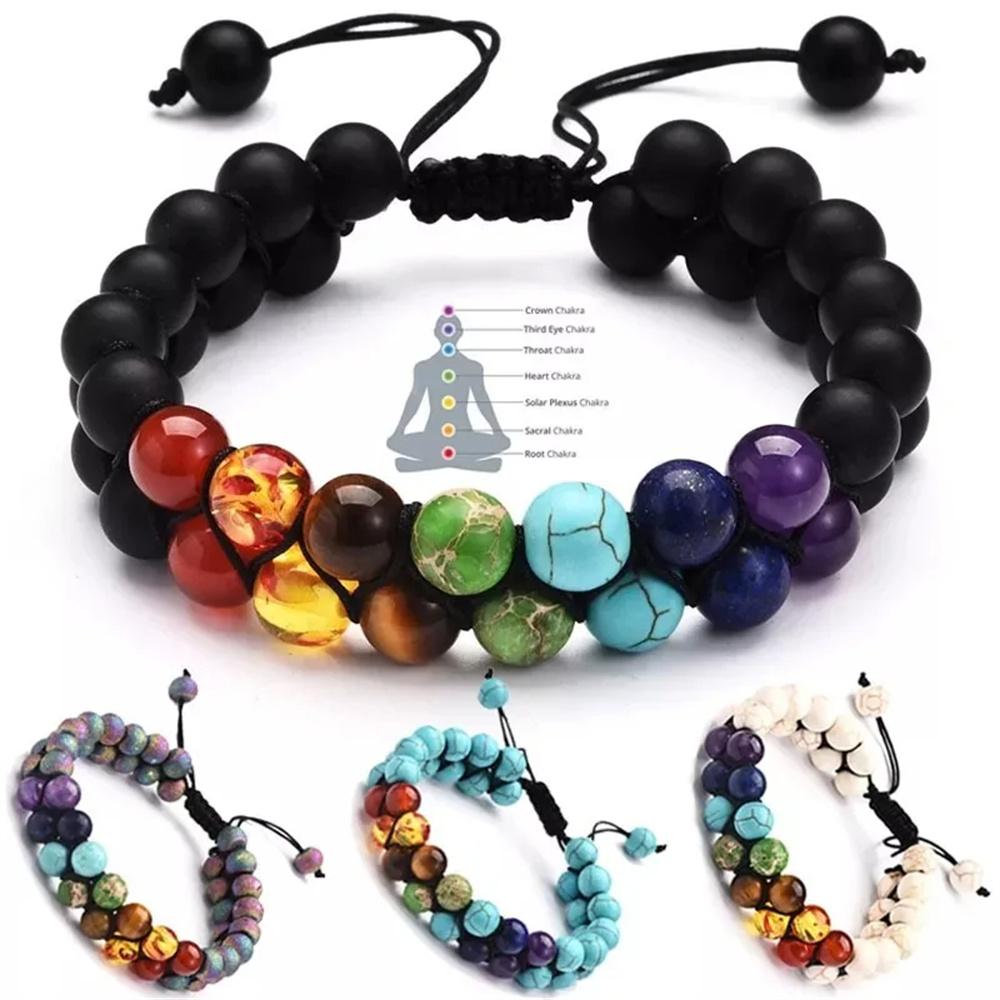 7-color Double-layer Agate Yoga Natural Stone Hand-woven Bracelet Bohemian Raw Stone Pendant Crystal Jewelry Gift Adjustable