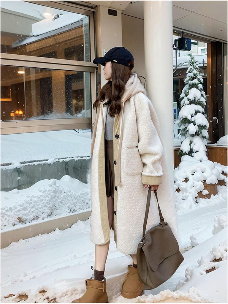 Jasnoszary Płaszcz Damski Zimowy Jesienny z Kapturem ze Sztucznego Futra Luźny Lenistwo Średniej Długości Bawełniany Gruba Pluszowa Kurtka Modny