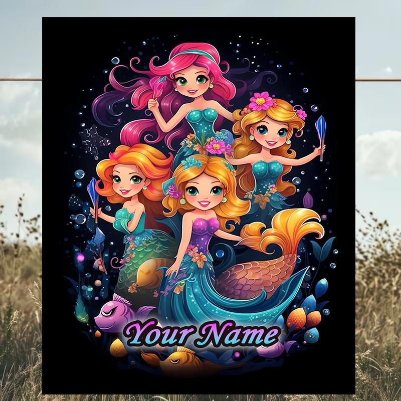 1PC Custom Name Mermaid Fantasy Adventure Outdooor Flannel Blankets Patterns Throw Blanket All-Season Soft Gift for Couch, Bed, Camping Gifts