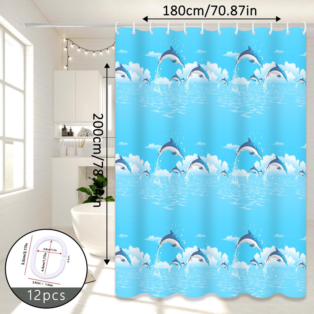 Dolphin Print Cartoon Shower Curtain, Ocean-Themed Bathroom Curtain, Cute Curtain for Parent-Child Room Bathroom