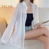 Women Shirt Lapel Long Sleeve Single Breasted Shirt Tops Solid Color Loose Fit See-through Glossy Fabric Sunscreen Thin Shirt
