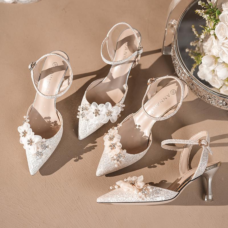 Fashion New Pointed Toe Stiletto Heels Silver Bridesmaid Wedding Shoes Backless Slingback Sandals Flower Embellished Party Dress Pumps