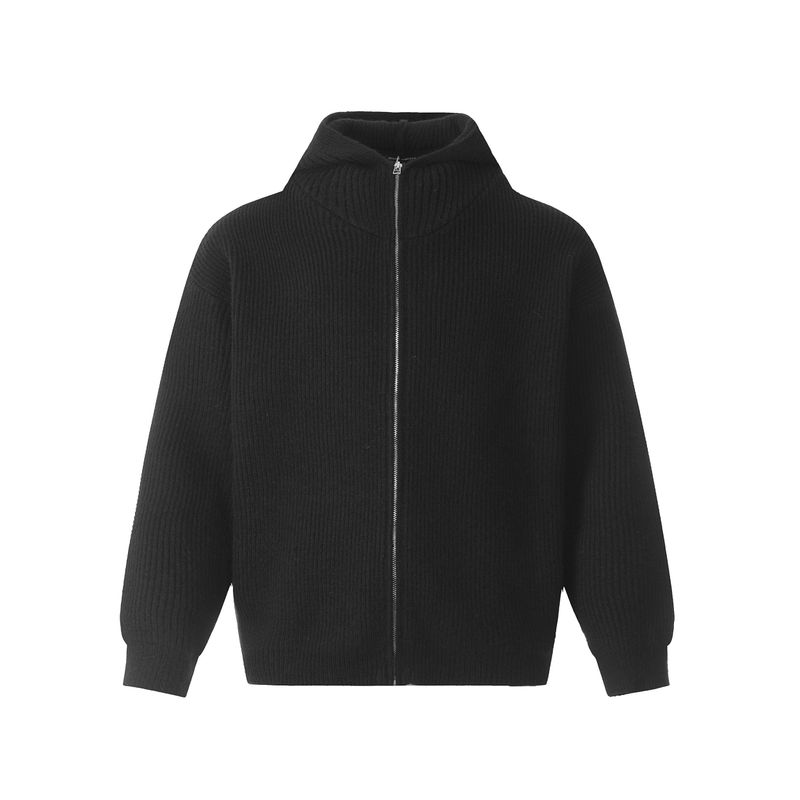 Blaexit Autumn and Winter Retro Cardigan Sweater Jacket Men's Loose Lazy Style Black Hooded Knit Top